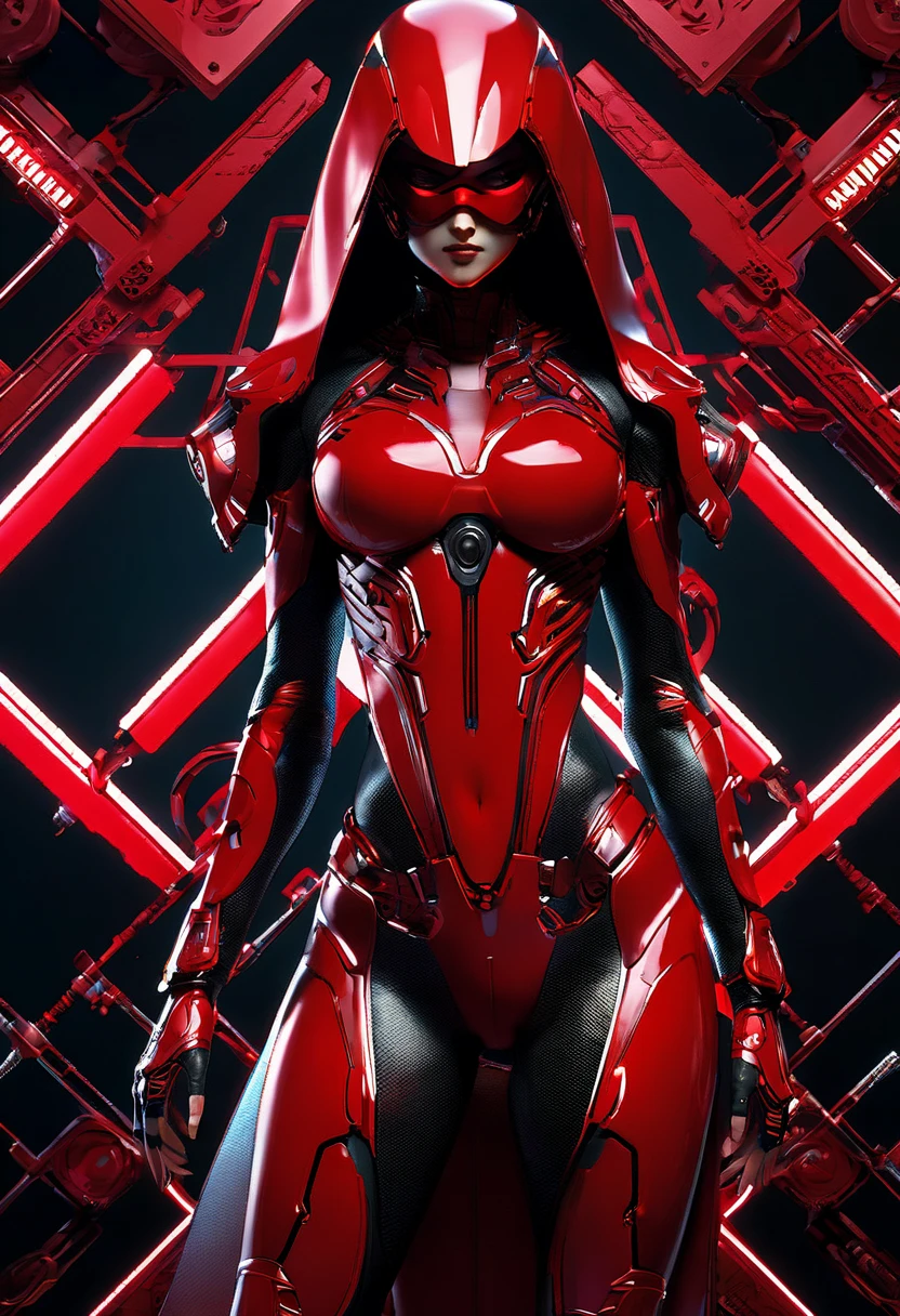 Imagine the Malay girl in hijab in a futuristic command center, strategically coordinating her red black mecha suit's actions to respond to a crisis, showcasing her leadership and intelligence