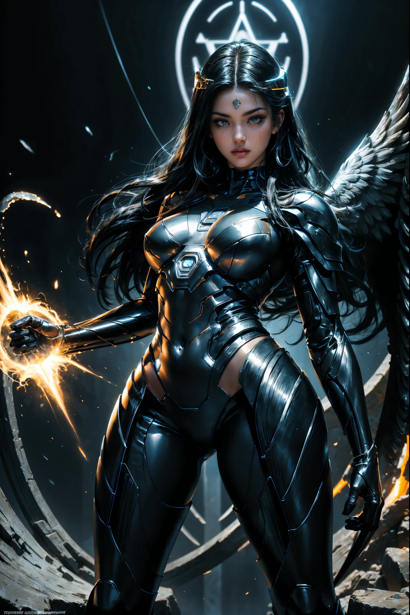 Close up of an ancient angel cyber beautiful woman , standing in front of a Black marble statue of a Greek goddess, long black hair, cyber suit in ivory and black details , the suit is glowing an orange light , exaggerated anatomy, dynamic pose
