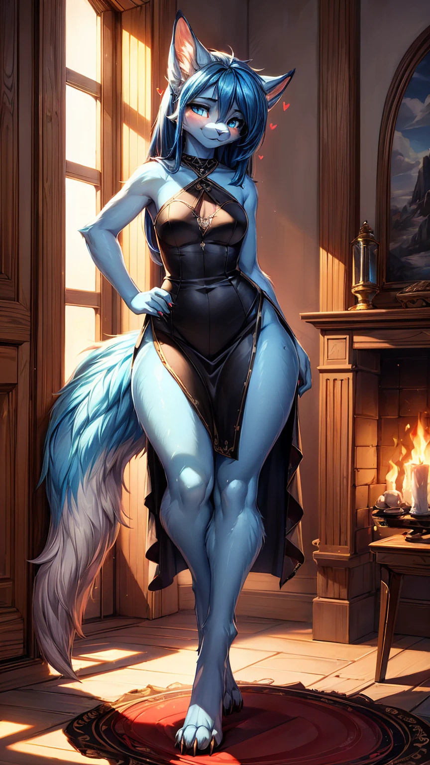 ((beautiful and Detailed))) teenage girl 18 years old, (((18 years old))) high definition 1:1(((femenino))) ((anthropo))  elongated fox snout , The debt, (((blue body)))Ross Tran, by ruan jia, by zaush, por foxovh,  cinematographic lighting,  seductive, The debt, Vista de  full body,(( full body))  messy hair , ((red& blue hair)), (cola turquesa), Detailed blue eyes, submissive posture ,   seen from below ,  Side view ,( heart-shaped pupils ) ((horny and shy)) Detailed, (8k the best quality,  masterpiece ) posing, very good, beautiful, smallDetailed, shy and  seductive posture arching back down so that we can see her, absurd res, black casual clothes, ( black dress,  cut-tailed dress ,  showing the legs ,  fitted and sensual dress marking the figure ,  wide hips thick thighs ,  I want sensual ), beautiful legs,  claws on the legs , Christmas 