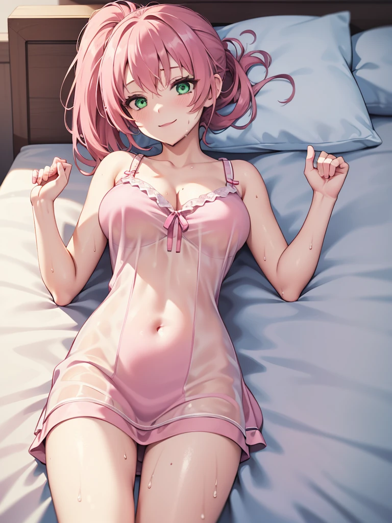 (masutepiece, Best Quality, hight resolution, nffsw, Perfect Pixel, depth of fields, 4K), Beautiful anime girl, Perfect body, ,best quality, masterpiece, highres, solo,, Juna Crawford, pink_hair, ponytail, hair_ornament, green_eyes, (pink nightgown:1.4),  (see-through wet  nightgown:1.4),, bare shoulders,, , cleavage,,, ,, (lying:1.4), (on bed:1.2), ,looking at viewer,, blush, ,smile, , , night,, wet hair , sweat, large boob, 