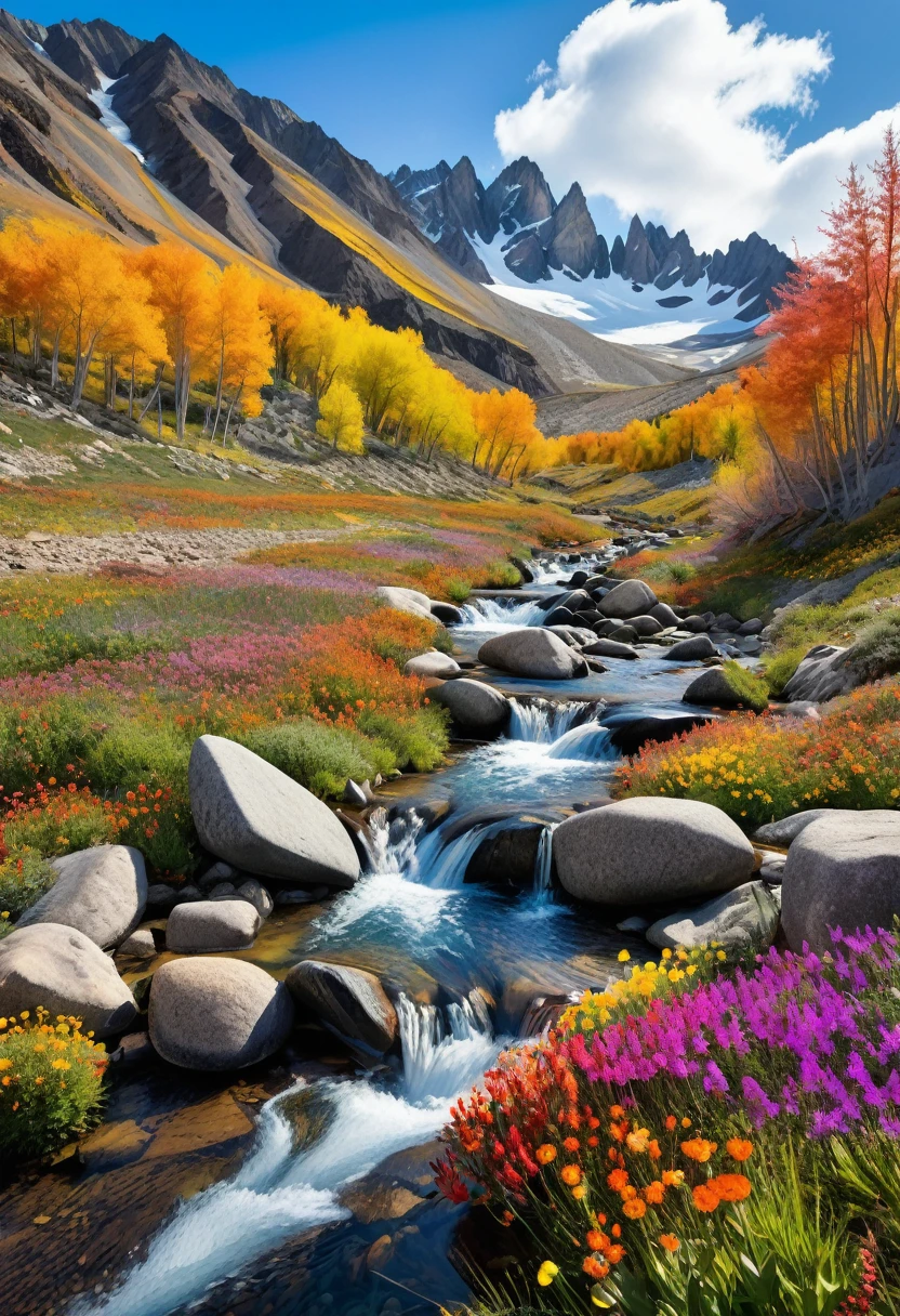 a mountainous region abounding with various multicolored stones. It's also sprinkled with colorful trees and strange-looking wildflowers. with a stream nearby. The temperature is somewhat warm and the sky is partially cloudy.