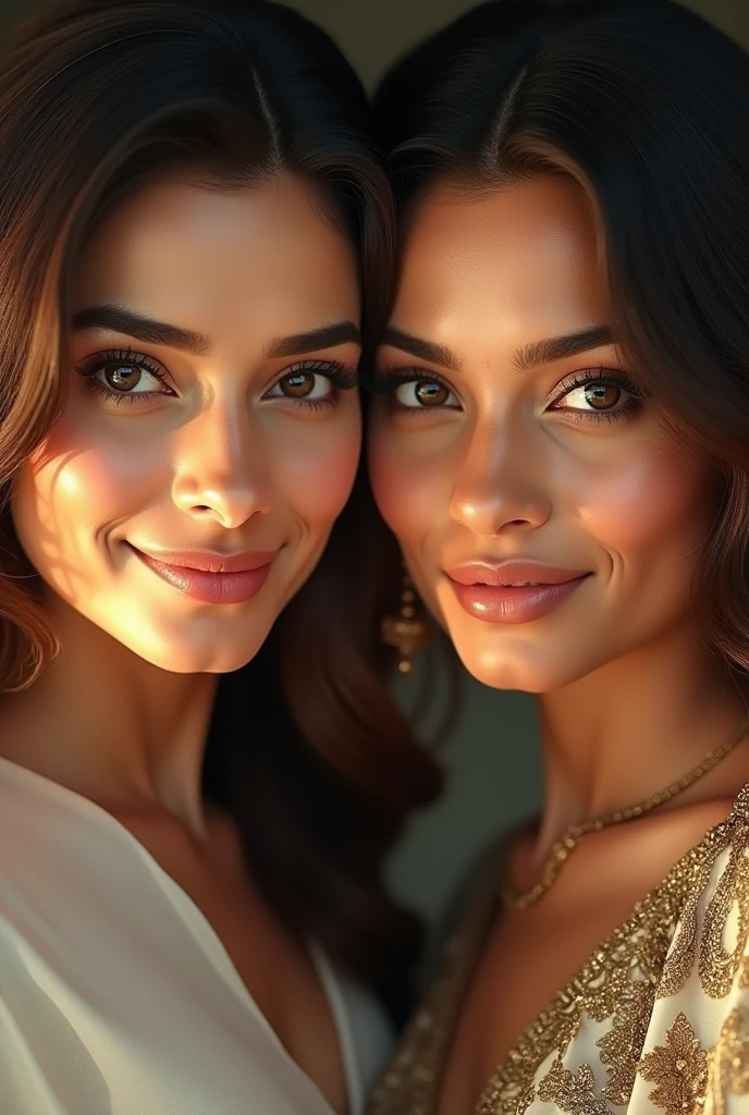 beautiful detailed eyes, beautiful detailed lips, extremely detailed eyes and face, long eyelashes, 2 girls, gigantic breasts, massive breasts, huge breasts, dramatic pose, intimate embrace, asymmetrical docking, vibrant colors, cute smile, cute face, sharp focus, high detail, masterpiece, photorealistic, 8k, volumetric lighting, chiaroscuro lighting, cinematic