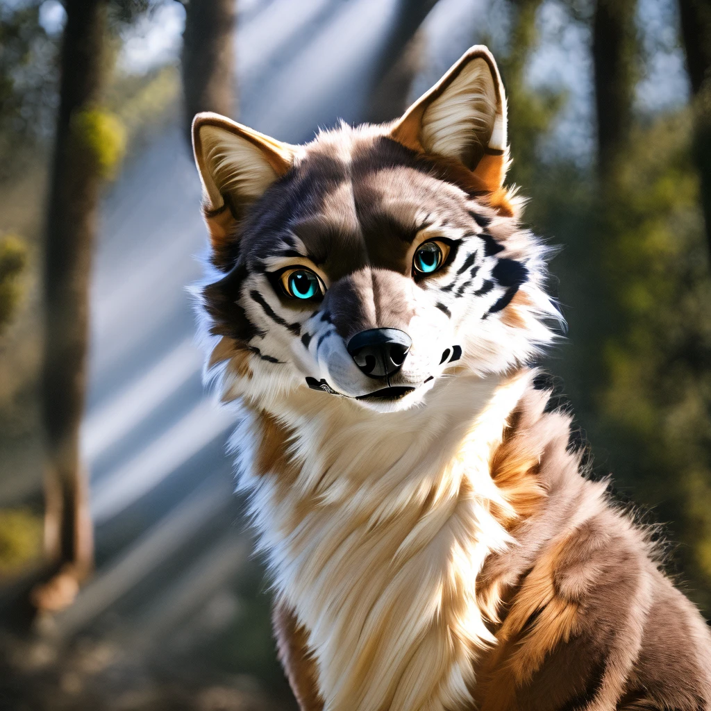 RAW photo, uhd, dslr, high quality, realistic, photo realistic, HD 4k, dreamlikeart, lens flare, upper body, animal focus, furry focus, brown fur, wolf, citypark, feral