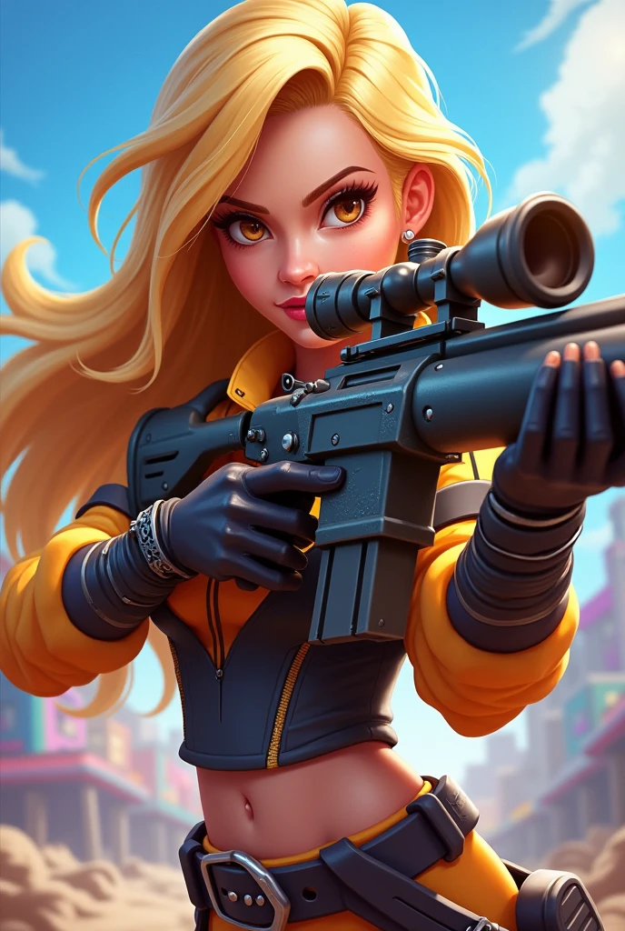Margot Robbie as Barbie in the Fortnite Game Aesthetics, verstindo um vestido rosa com renda e babadinhos, sapatos de salto alto, segurando uma picareta rosa e uma pistola amarela, peitos pequenos, No hyper sexualization, splash art oficial da barbie no fortnite, mapa do jogo fortnite como fundo.