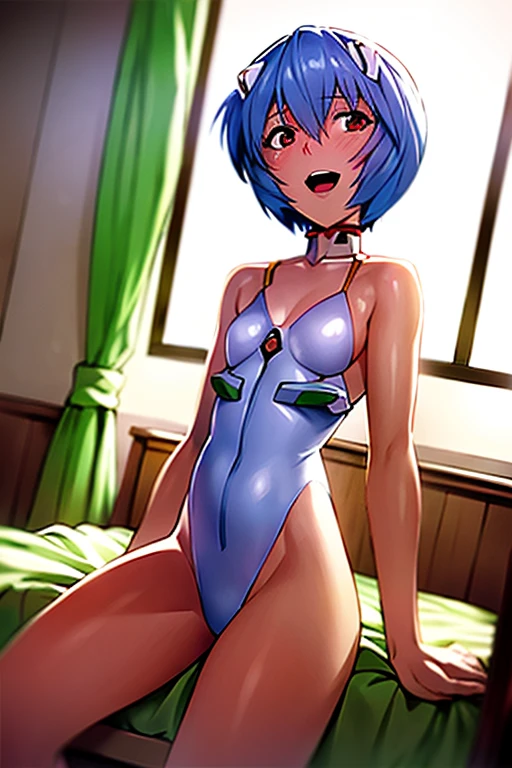 (( best quality)), ((masterpiece)), (be familiar with),  perfect face, indoor, bedroom,  watching viewers,
One woman, Rei Ayanami,
 characters with open mouth ,  ecstatic expression with hands in front of body, blush, smile,
Small breasts,  flat chest, Young girl, Lori,  s,  girl,
Short Hair,  short hair,
Leg spread,