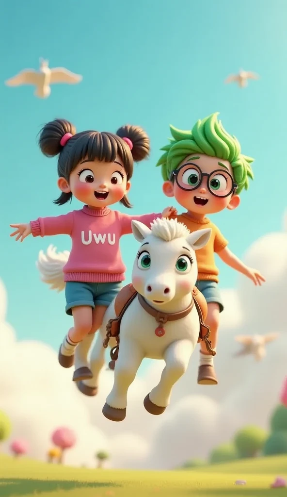 (masterpiece, best quality:1.2), a girl with name uwu wearing black cowboy uniform with text "Uwu", long pants cowboy uniform and a boy with name owo wearing brown cowboy uniform with text "Owo", long pants cowboy uniform, they are ride white mini unicorn horse with background is the sky, cloud, blue sky, bird flying.
