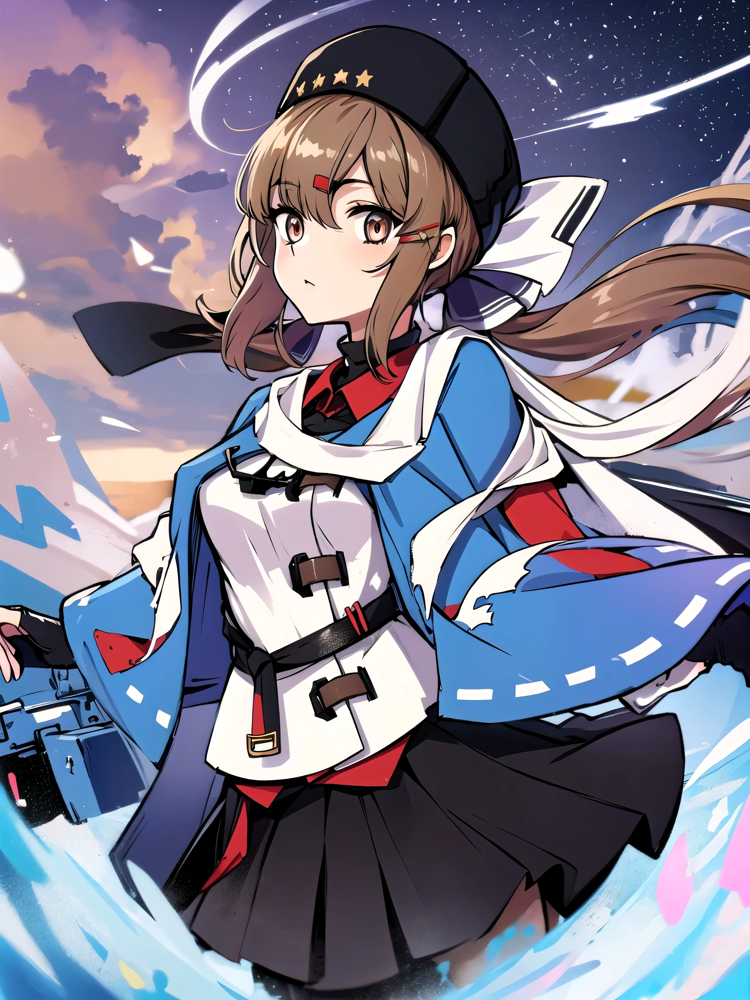 Tashkent \(Kantai Collection\),  1 girl, Alone, skirt, fur  have , Papaka ,  twin tails,  have , white  jacket, white scarf, black bow, thigh  boots, black skirt,  pantyhose ,  jacket, scarf,  black headwear,  boots, anchor  necklace , fingerless Gloves, Gloves, shawl, red shirt, black Gloves,  shirt, Black shoes, blue shawl, Knee-high, bow, star \(symbol\),  hair clips, torn scarf, black belt, null,  jewelry, untucked shirt, belt,  necklace ,  Long Sleeve , pleated skirt, Ribbon trim, anchor, , cloud,  Viewers, star \(null\), Outdoor, brown  pantyhose , gradient null,  cowboy shooting, original,  complicated details, Illustration, masterpiece,  Highly Detailed CG Unity 8K Wallpaper, Highlights, Grinding, dynamic,