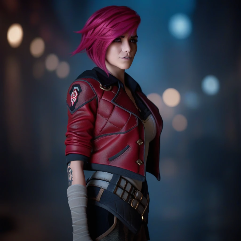 cinematic photo a woman, full body, pink hair, red jacket, steampunk city background, (((text ''VI'')))  . 35mm photograph, film, bokeh, professional, 4k, highly detailed