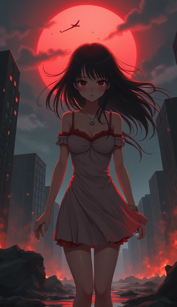  A A A frightened Japanese girl ,  with delicate features and pale skin ,  amidst an apocalyptic city devastated .  Her black hair is long and smooth , fluttering with the wind ,  with some locks attached to her face due to sweat .  She wears a short and tight dress ,  with red details ,  that reflects a mixture of sensuality and fragility .  Her big, brown eyes are full of dread ,  with tears threatening to fall .

In the background,  tall and destroyed buildings ,  shrouded in a dark gray mist .  The floor is covered in black silk debris , cracks,  and fire bursting in some places . IN THE SKY,  a black sun shines with a blood-red aura ,  illuminating the scene with an apocalyptic and surreal tone .  The young woman holds tightly a small silver amulet in the shape of a flower ,  as if it were his last hope .  A Perspective captures her figure in the foreground ,  highlighting the tension in her posture and the desolate environment that surrounds her.

 Additional details to focus :  realistic texture of the dress fabric ,  the glare of the black sun reflecting on her skin ,  the dramatic lighting and the chaos of the surrounding environment .
32k anime style, HDR, UHD, intricate detail, extremely intricate detail, hyperrealistic, extremely realistic, high quality, vivid color, extremely detailed.