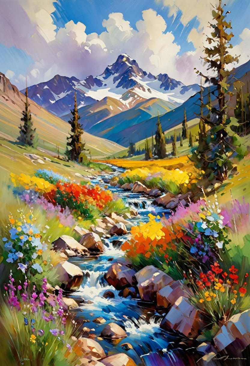 style by Mikhail Garmash, depicting a mountainous region abounding with various multicolored stones. It's also sprinkled with colorful trees and strange-looking wildflowers. with a stream nearby. The temperature is somewhat warm and the sky is partially cloudy. inspiration from William Burr, oil painting