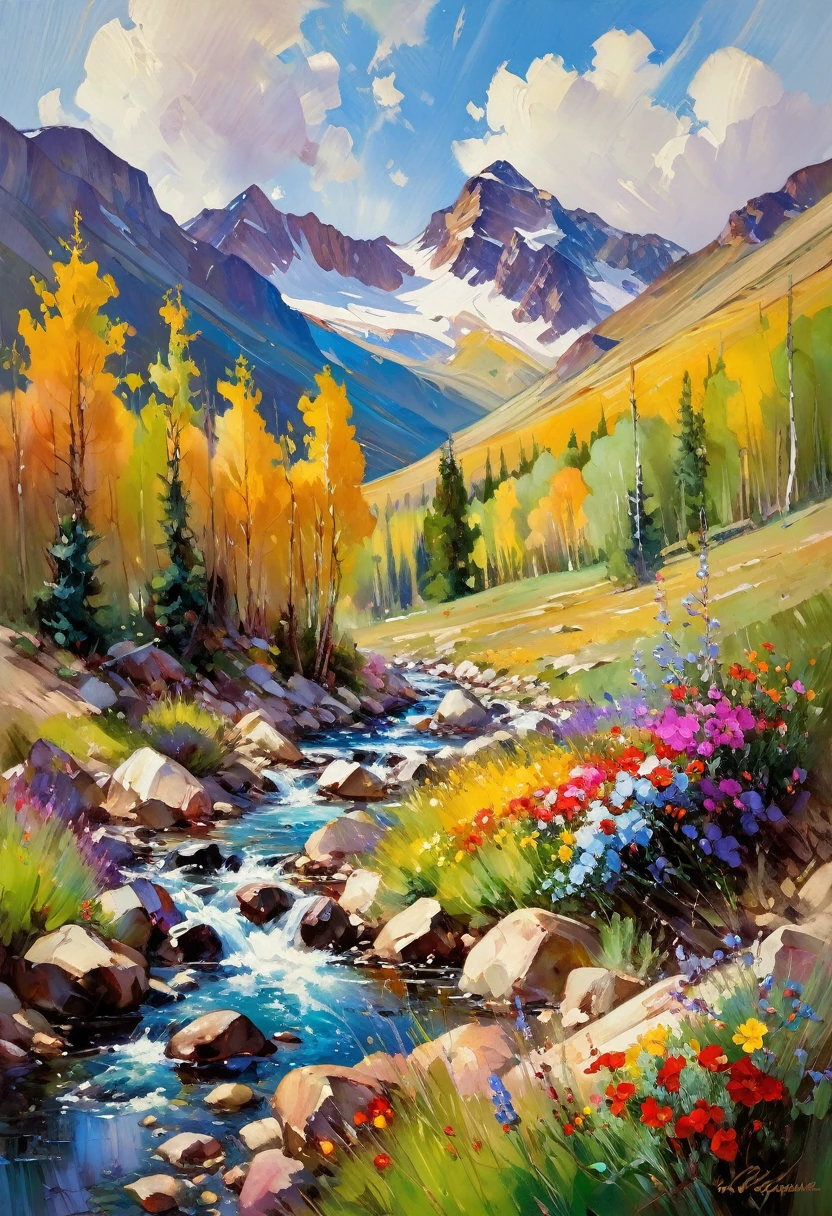 style by Mikhail Garmash, depicting a mountainous region abounding with various multicolored stones. It's also sprinkled with colorful trees and strange-looking wildflowers. with a stream nearby. The temperature is somewhat warm and the sky is partially cloudy. inspiration from William Burr, oil painting