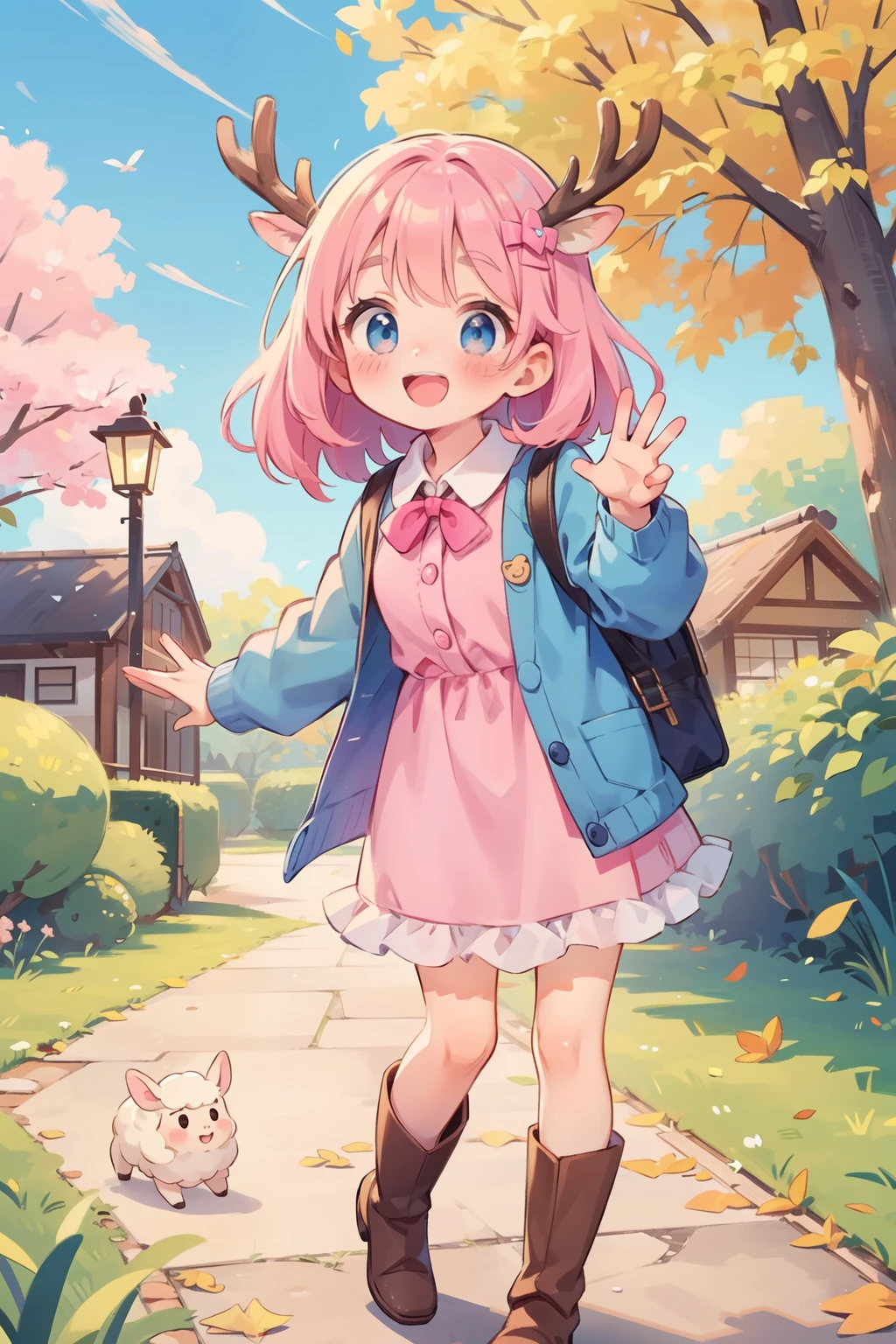 Anime girl with pink hair and blue eyes walking down a path - SeaArt AI