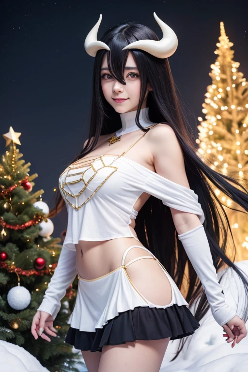  a girl,albedo,  long hair,   black hair , antlers, demon girl, antlers de demonio, albedo,   hair between the eyes ,neckline, Very big breasts,yellow-eyed ,   Cleft pupils,    coloring anime ,smile, Christmas hat , red and blue transparent , translucent mini skirt with fashionable charm Christmas design with shoulder slit, in a beautiful snowy landscape Christmas trees with spheres and gifts ..