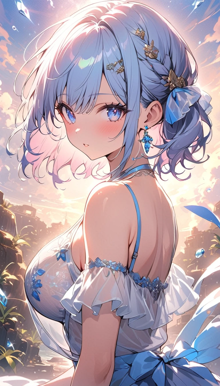 masterpiece、Massive landscape((Mysterious Sea、sand beach))、a beauty girl、huge tit、Light blue hair short hair、Embroidery on a long dress 、hair adornments