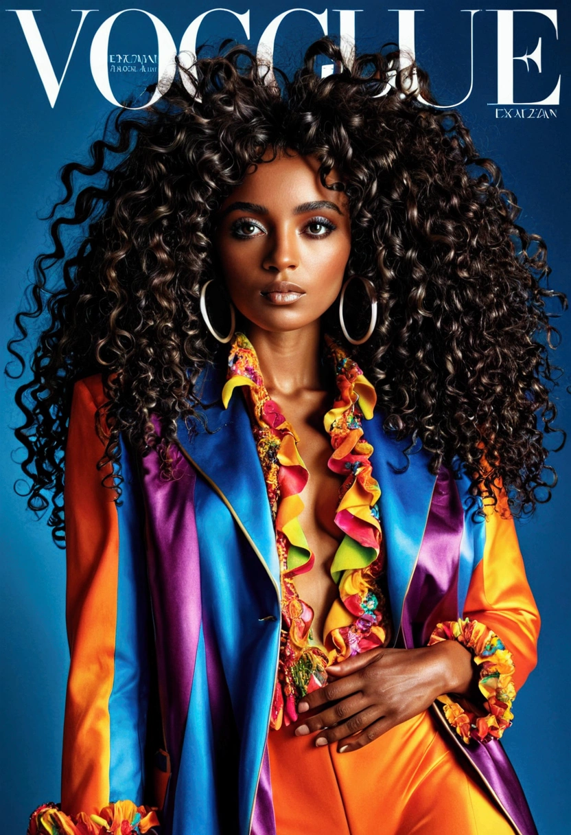 here is a black woman , the woman has, she has dark skin, with dark brownish skin, with long curly, long black loose moisturised curly hair she is on the front cover of vogue wearing an extravagant dramatic unique colourful outfit 