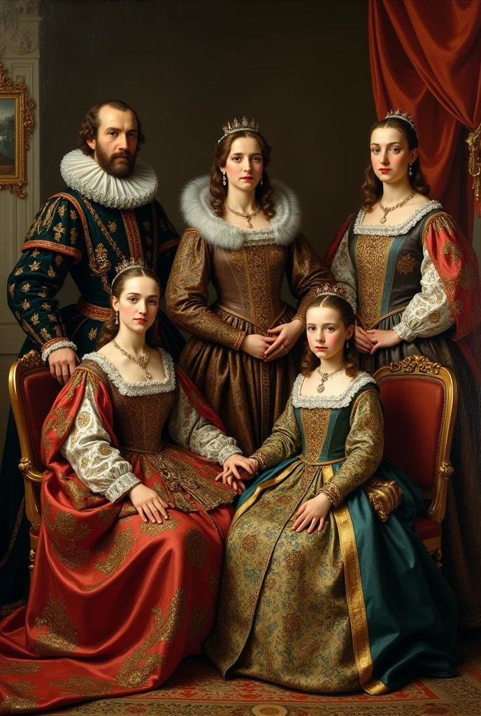A brown-haired mother and father family with their 4 adult daughters and an adult son soldier baron from the renaissance era in a garden