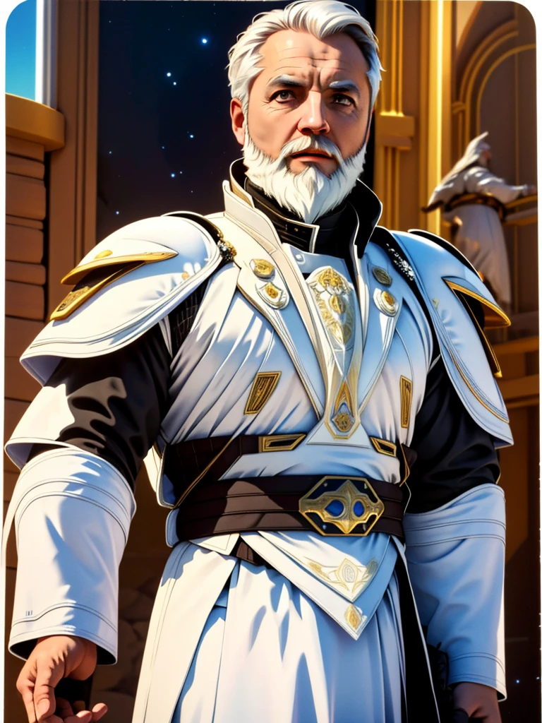 (best quality, masterpiece)solo,upper body,1boy, beard,white hair, valkorian,emperor,armor,lightning:1.5, (high contrast, official art, extreme detailed, highest detailed)