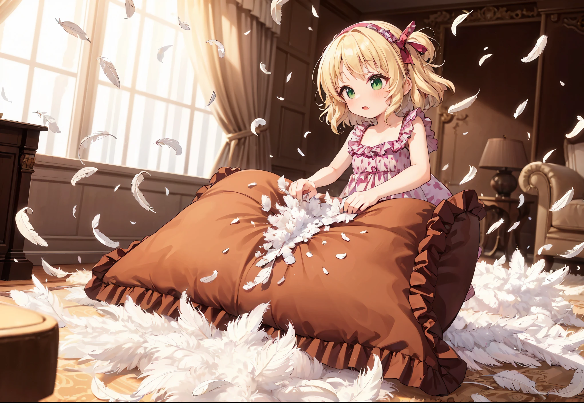 (best quality， masterpiece) , details, (Light and shadow oxtail) , Cute girl posing on pillow ，Pillow, Upholstered，Soft pillow，（Pillow），The love surrounding the protagonist，steam，(Luxury Pillow），（Gorgeous pattern pillow），luxurious pillow, standing,（Love around the protagonist），（pillow）, frilled pillow   , 1 pillow, standing on a top of pillow, on pillow, big pillow, fluffy pillow, pillow damage, stomping pillow, stomping, pillow on floor, stepping on pillow, posing on top pillow, full body, pillow on floor, (((feathers))), pillow destroy, ripping pillow, tearing pillow in half, feathers everywhere, cotton, stuffing pillow, sakurai_momoka_theidolmastercinderellagirlsu149, blonde_hair, hairband, short_hair, green_eyes, bangs, upper_body, smile, bow, open_mouth, wavy_hair