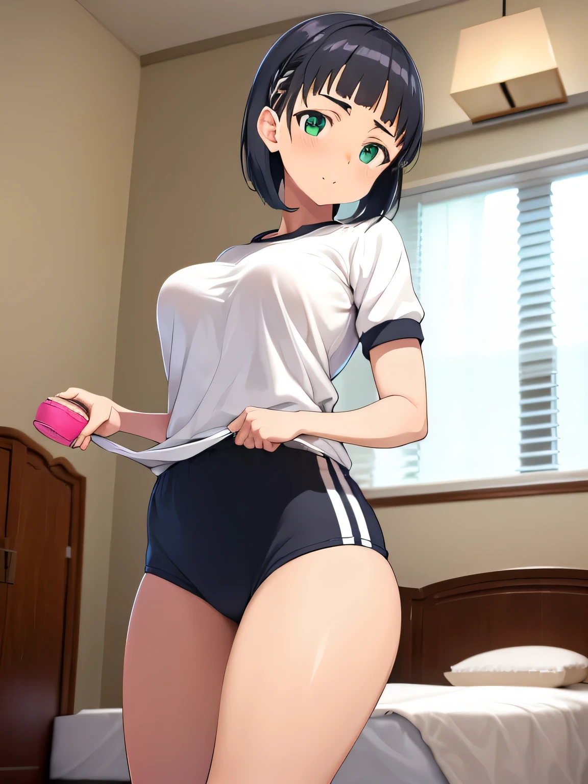 Very huge ,   gym clothes,High leg bloomers ,  Kirigaya Naoha(  sword art online with macarons ),  1 girl, Bob Hair,  black hair,  hair clips, ​masterpiece, green eyes, top-quality,  sexy、bedroom、 dynamic angle, camera view ,Laugh naughtily、blush