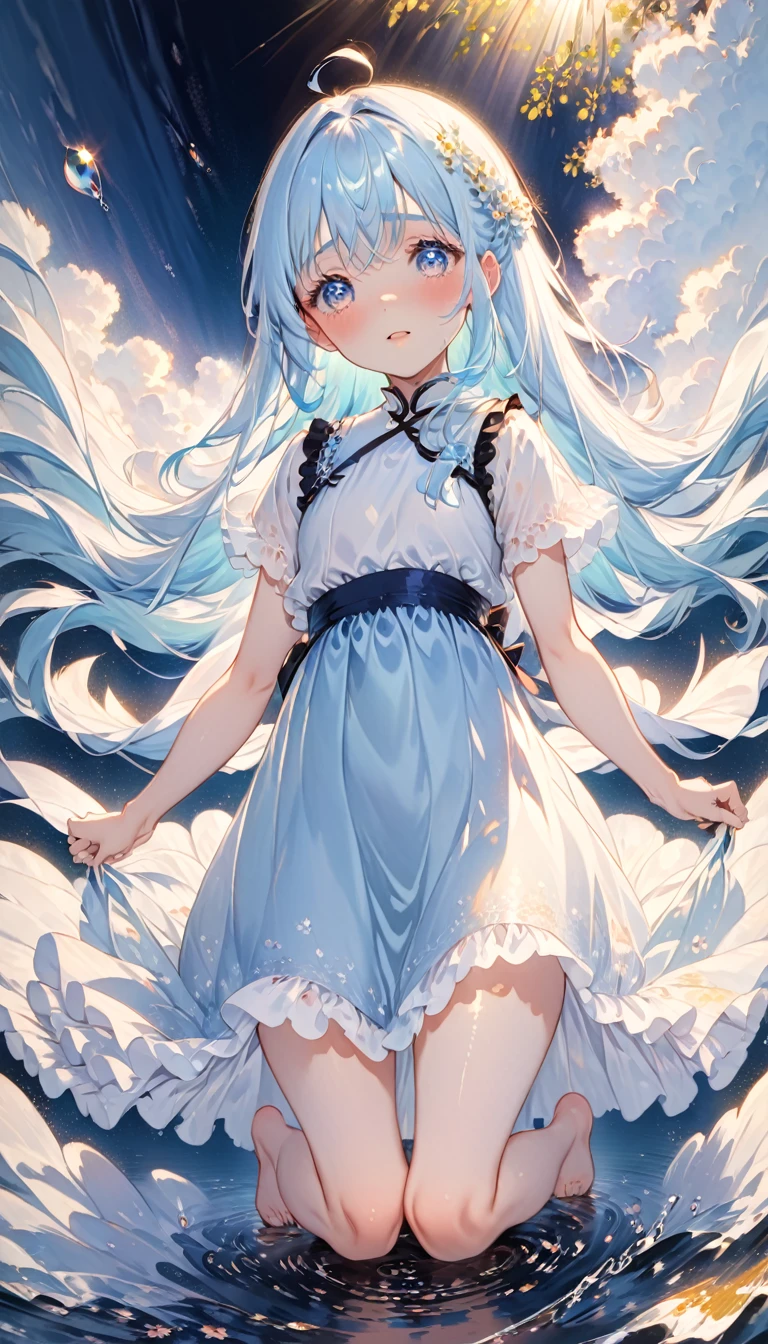 (Full body posing:1.5), (extremely detailed CG unity 16k wallpaper:1.1), (Denoising strength: 1.45), (tmasterpiece:1.37), ((ultra-detailed)), ((disheveled hair)), ((frills)), (1 girl), (solo), dynamic angle, big top sleeves, floating, beautiful detailed sky, on beautiful detailed water, beautiful detailed eyes, (fist), expressionless, side blunt bangs, hairs between eyes, ribbons, bowties, buttons, bare shoulders, (((small breast))), detailed wet clothes, blank stare, pleated skirt, flowers, ((illustration)), overexposure, god rays, sparkle, glowing light, ((masterpiece)), (((best quality)))