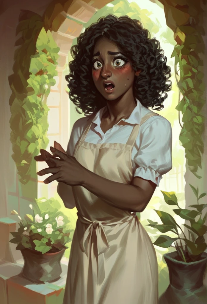  Dark skinned woman. Long curly hair.Wearing beige dress Apron. blushing. Surprise. In the garden 