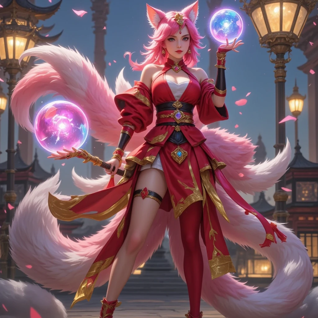 photo of a woman, ahri cosplay from league of legends, standing in room