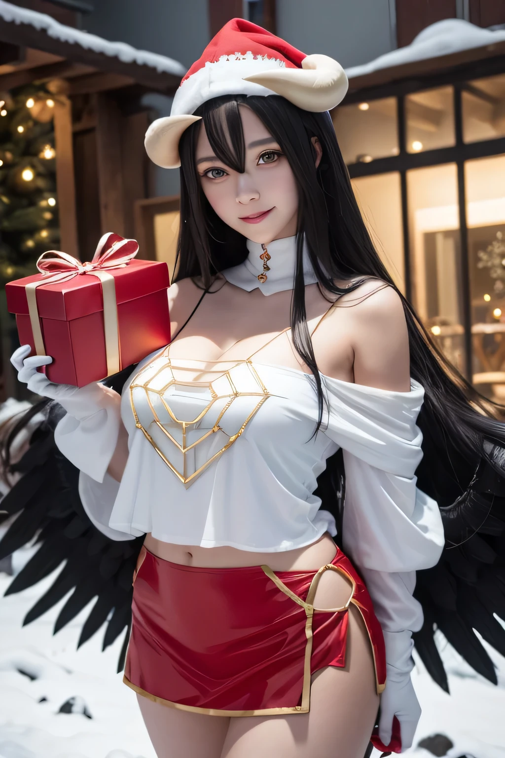  a girl,albedo,  long hair,   black hair , antlers, demon girl, antlers de demonio, albedo,   hair between the eyes ,neckline, Very big breasts,yellow-eyed ,   Cleft pupils,    coloring anime ,smile, Christmas hat , red and blue transparent , translucent mini skirt with fashionable charm Christmas design with shoulder slit, in a beautiful snowy landscape Christmas trees with spheres and gifts ..