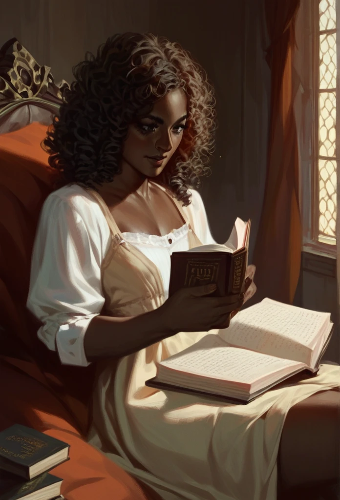  Dark skinned woman. Long curly hair.Wearing beige dress. Sitting on the bed. Reading a book 