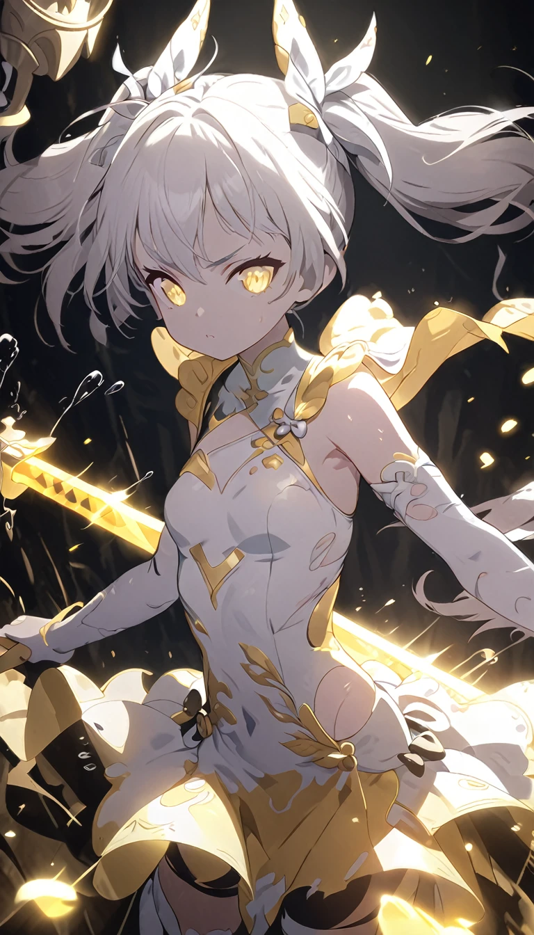 (best quality, ultra high resolution), ultra detailed, soft brush, boyish girl, yellow eyes, shining eyes, short white twin tails, standing pose, dramatic lighting, Motion holding a spear, Small chest, Gacha splash, yellow cinematic light source, fantasy, short and ripped fantasy dress, black background