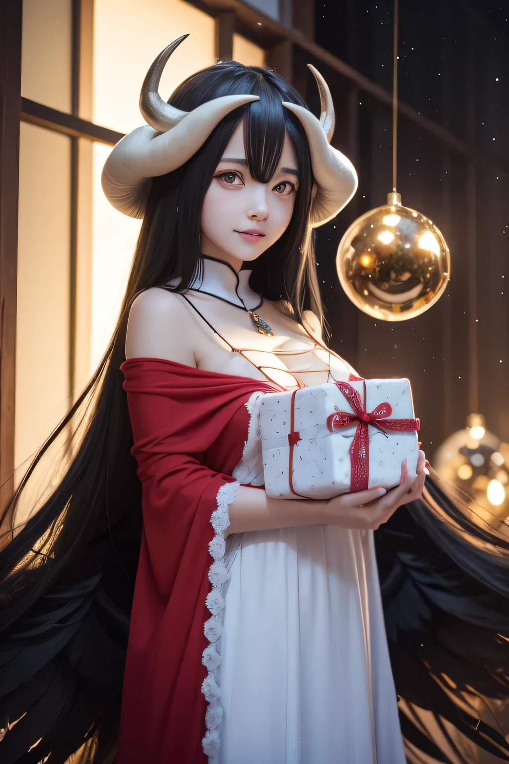  a girl,albedo,  long hair,   black hair , antlers, demon girl, antlers de demonio, albedo,   hair between the eyes ,neckline, Very big breasts,yellow-eyed ,   Cleft pupils,    coloring anime ,smile, Christmas hat ,Transparent red and blue nightgown , translucent in fashionable charm Christmas design with shoulder opening, in a beautiful snowy landscape Christmas trees with spheres and gifts ..