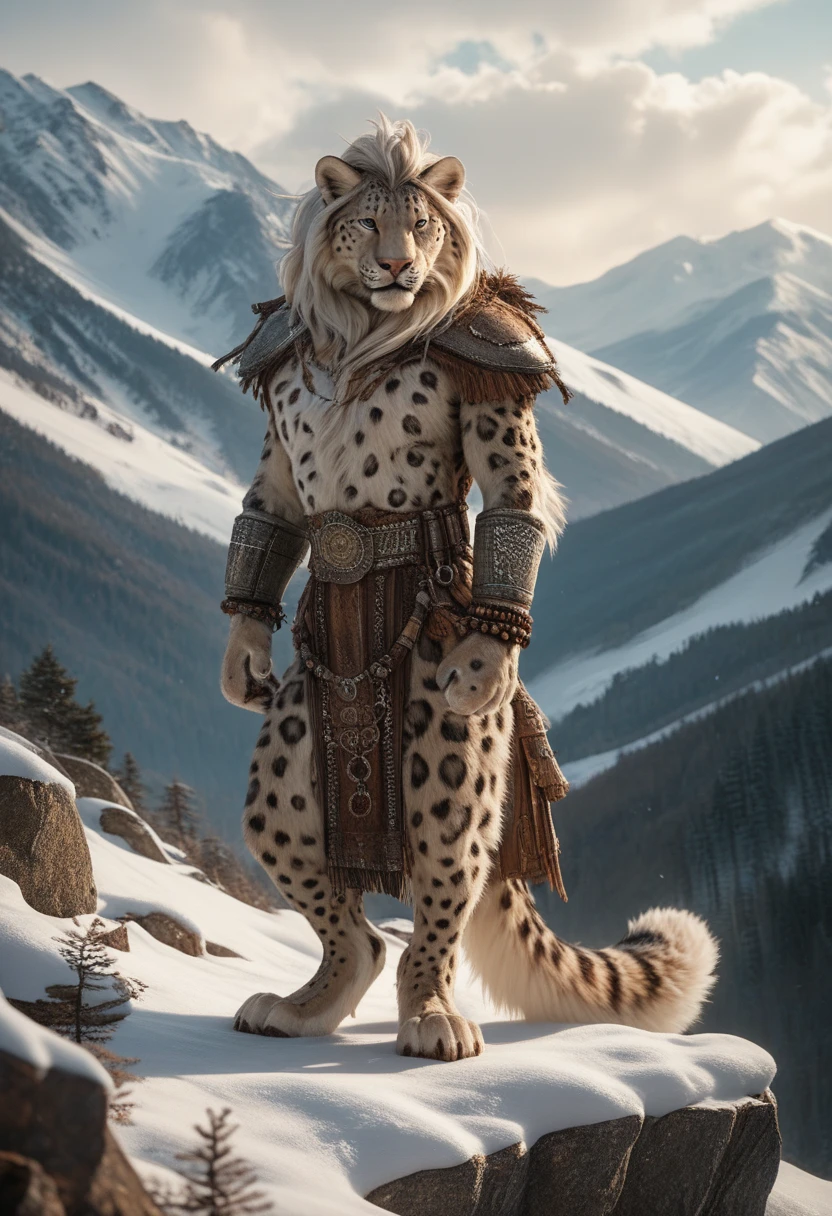 snow-leopard, female, alone, stands upright on 2 paws, furry, front view, with mane, very detailed fur, iron-bracelets, decorated belt, iron hip protection, in high mountains, spring, very detailed furs, human-like hands, Full body, photorealistic, very detailed, very detailed background, daylight