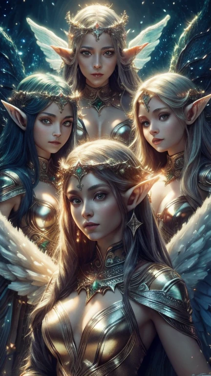 (Best quality, 4k, High-resolution, Masterpiece:1.2), Ultra-detailed, Realistic, Radiant lighting, (An Epoch Elves, angel:1.5), Portraits, Fantastical colors, Fine art, Ethereal beings, Dreamlike, Whimsical creatures, Detailed facial features, Glowing eyes, 3 Elven beauties, 3 female elven beauties dancing, Ethereal glow, Mythical creatures, Harmonious composition, Dazzling colors, Stunning visual effects, Otherworldly appearance, Mesmerizing artistry,