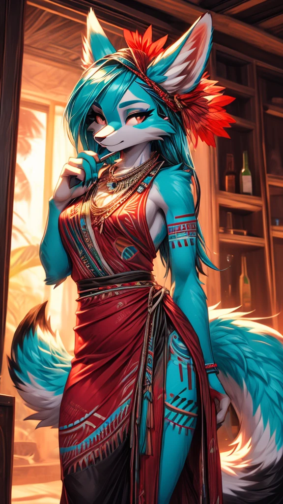 Miku Hatsune 19 years old add high definition_detail:1, blue fur,kitsune ears, tribal tattoo add_detail:1, sensual pose, red dress