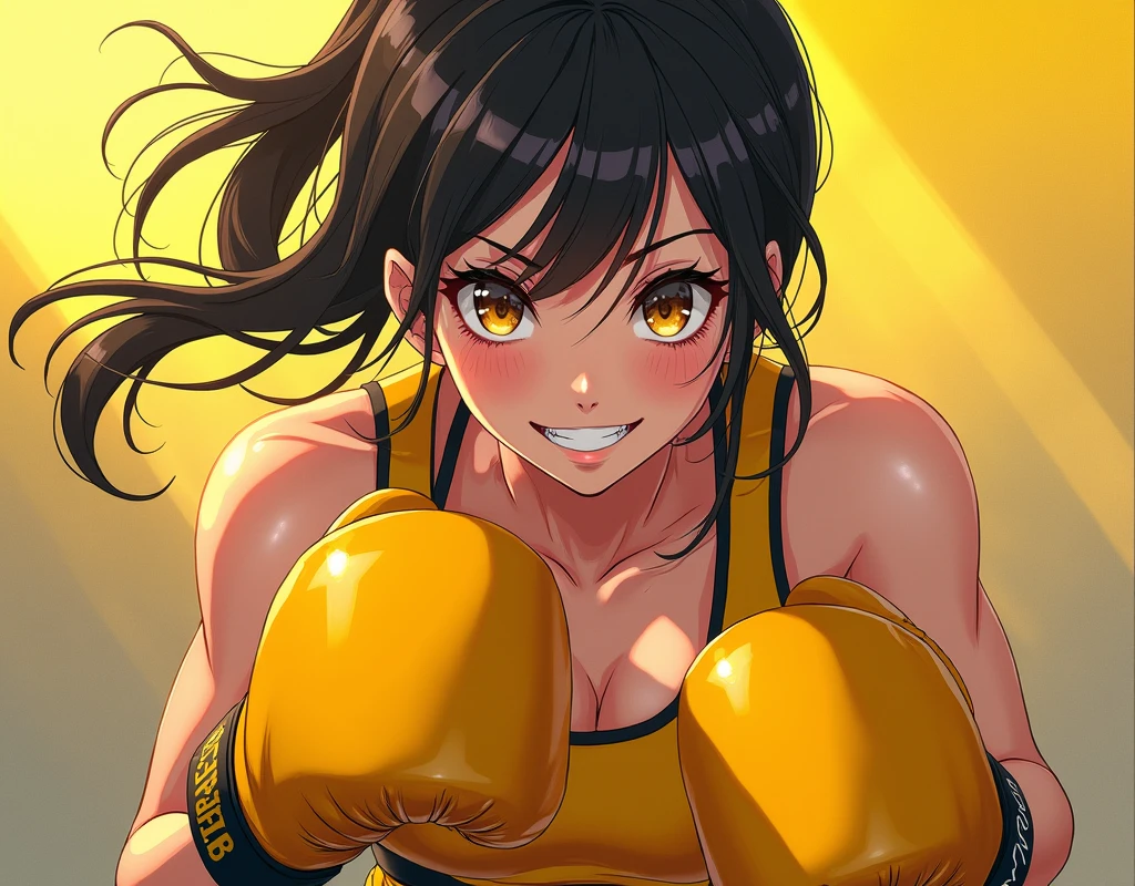 2D anime picture, (anime style 1), single female arrogant boxer, 20 years old, sadistic, Japanese, smirks at the viewer, beautiful long black hairstyle, lush breasts, in boxing protective helmet, in black high neck crop top, in black leggings, in yellow boxing gloves стоит возле боксёрском ринге, in empty gym, night