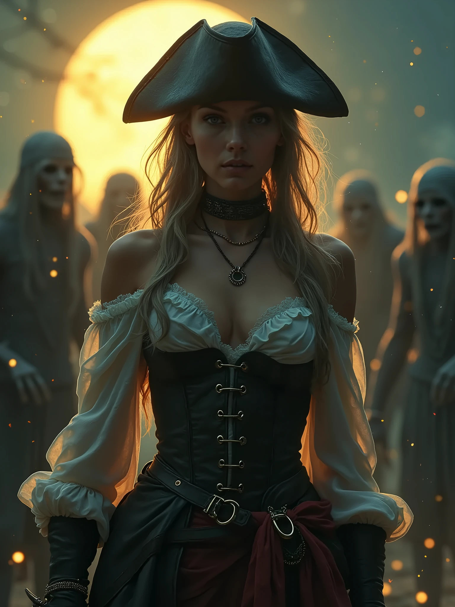a female pirate commander of a ghost vessel, in the background a group of undead pirate sailors,hyper-realistic, cinematic,8k 