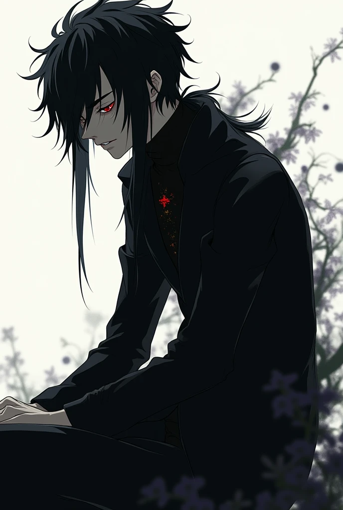 1 male, prisioner, long black hair, red eyes, top view, handcuffed, hands behind back, on his knees, shirtless, bowed, looking up, gesugao, evilness, malice and sadism facial expression, cocky smile, threatening smile