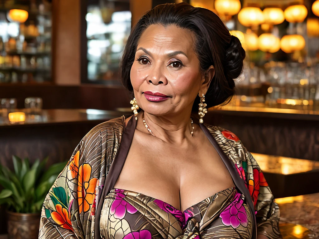 woman, (45yo), (old detailed wrinkled face and skin:1.3), (african ebony), brown long hair, extreme huge bust, massive gigantic huge overflowing shiny breasts, glamorous,wide hips, old realistic wrinkled face and skin, (puckering lips), wearing extreme tight extreme floral kimono, looking back, jeweilry, restaurant, natural light, extreme realistic, photography, 8k, nikon, uhd