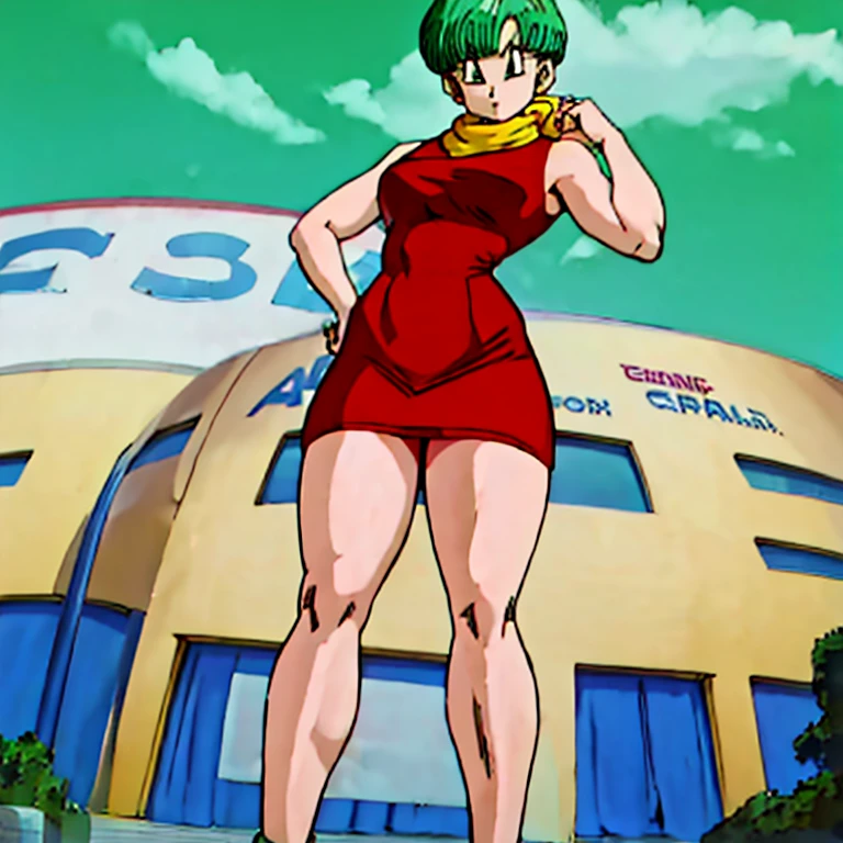 (( red dress)),  style better quality, full body seen from below (( short green hair)). (( anime bulma dragon ball z)) (( red dress)) mujer 30 years old, ((short blue hair)), (( with curves)),(( a yellow scarf)) ((  very short dress )) ((  strong legs )), (( very narrow waist)) hay una mujer con un red dress y a yellow scarf, tight dress,  tight clothing, Succubus in a tight short dress, sexy dress, faye san valentin, cute girl in tank top, skintight dress, Better known as amaranth , amaranto, Wear a swimsuit,  wearing simple, tight clothing ,  thin waist and thick hips  , 8K high detail, perfect skin. 12K HDR,  raising arms