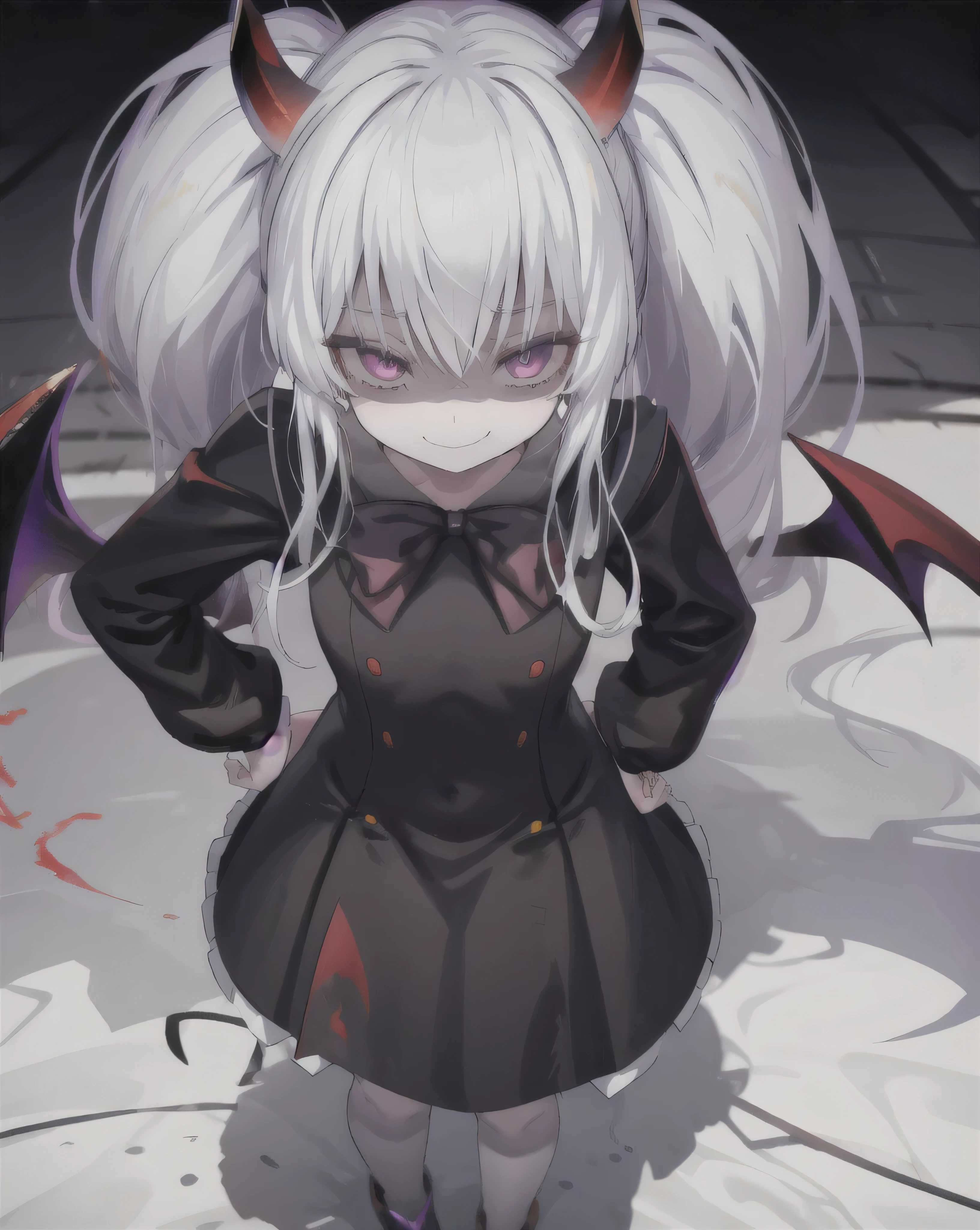 1girl,Alone,grim aloe,demon horns, black_dress,standing,cowboy shot,  demon wings, albino,evil smile, naughty face, hand on hip, ojou-sama pose,  Shadowed face(shadow eyes )