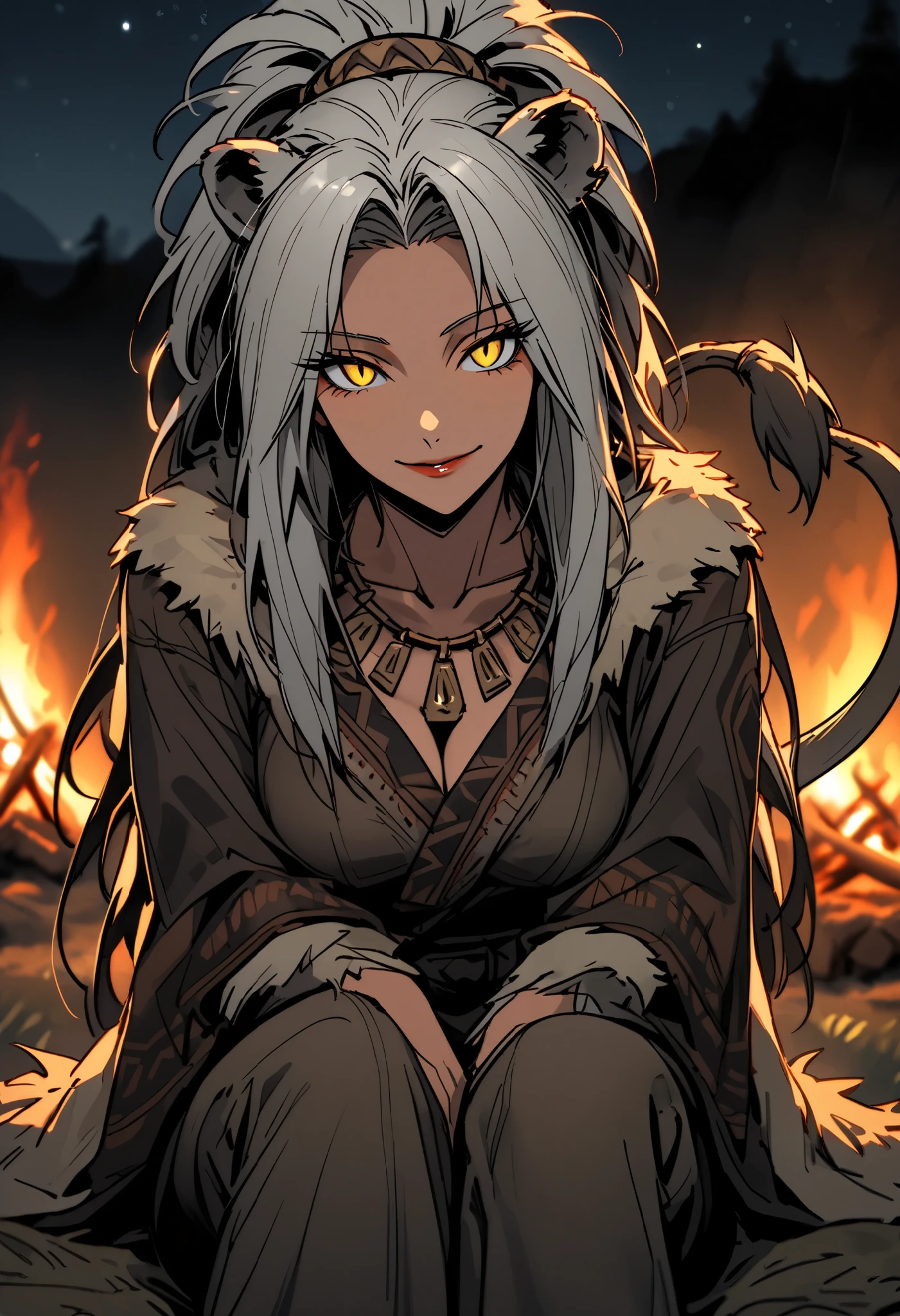 solo:1.3, female, lion woman, woman in her 50s, crows feet:1.3, very tall, broad shoulders, fit, bulky body, extremely long hair, tied hair, cavewoman, prehistoric, large beast claws, camp, night, bonfire, close up, slit pupils, yellow eyes, barbarian, pelt clothes, tribal chief, spiritual, leather, tribal ornaments, black hair, sitting, relaxed, pov, lion ears, lion tail, knowing smile, greying hair, muscular, comely, lightly clothed