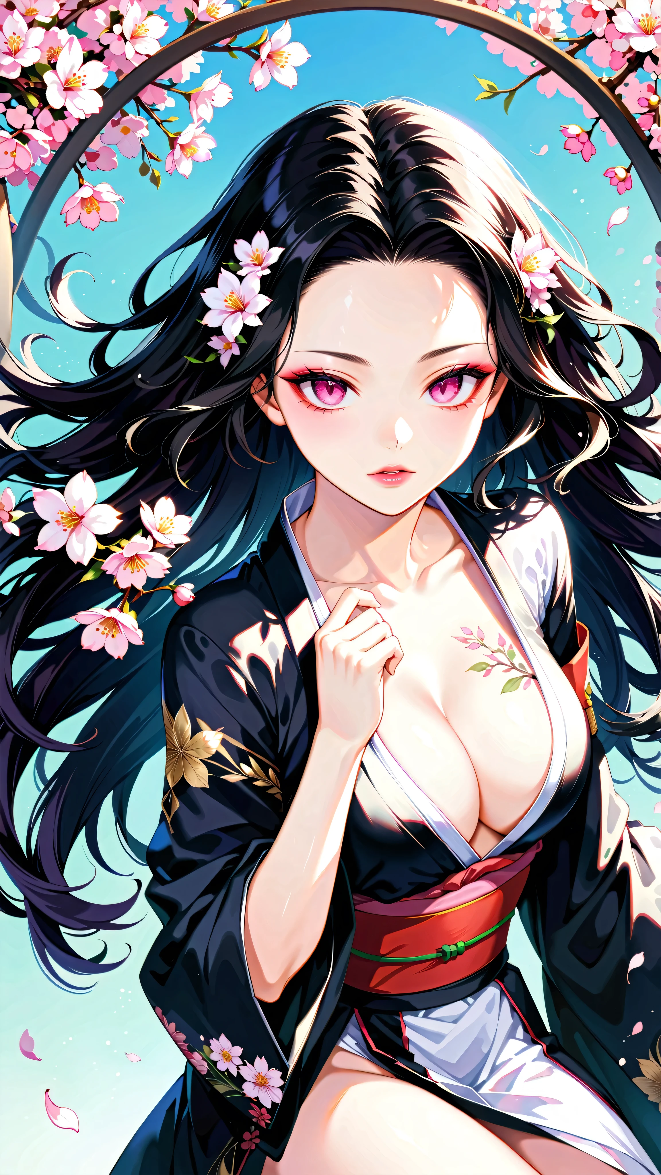 (best quality,4k,8k,highres,masterpiece:1.2),ultra-detailed,black and white,ink paint,japanese tattoo,beautiful detailed pink eyes,beautiful detailed lips,extremely detailed eyes and face,long eyelashes,fine line work,delicate shading,artistic composition,traditional style,feminine beauty,dynamic pose,elaborate patterns,floating cherry blossoms,meaningful symbolism,graceful movement,subtle color accents,contrast and depth,soft lighting,striking visual impact,vivid emotions,serene atmosphere,powerful expression,lifelike portrayal,sophisticated aesthetics,unique combination of tradition and modernity,authentic cultural representation, stark pinks and blacks, cleavage, large breasts, long flowing wavy black hair, Nezuko Komado,