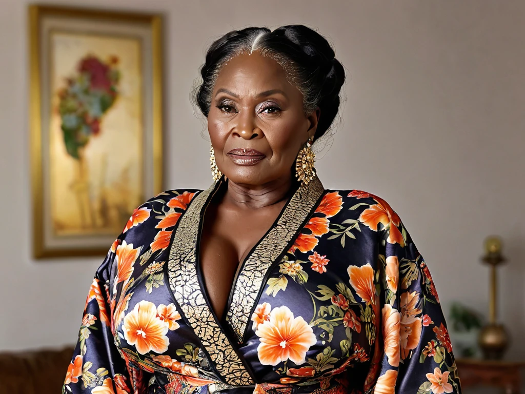 woman, two heads, two-heads, conjoined, (50yo), (old detailed wrinkled face and skin:1.3), (african ebony), brown long hair, extreme huge bust, massive gigantic huge overflowing shiny breasts, glamorous,wide hips, old realistic wrinkled face and skin, (puckering lips), wearing extreme tight extreme floral kimono, looking back, jeweilry, restaurant, natural light, extreme realistic, photography, 8k, nikon, uhd