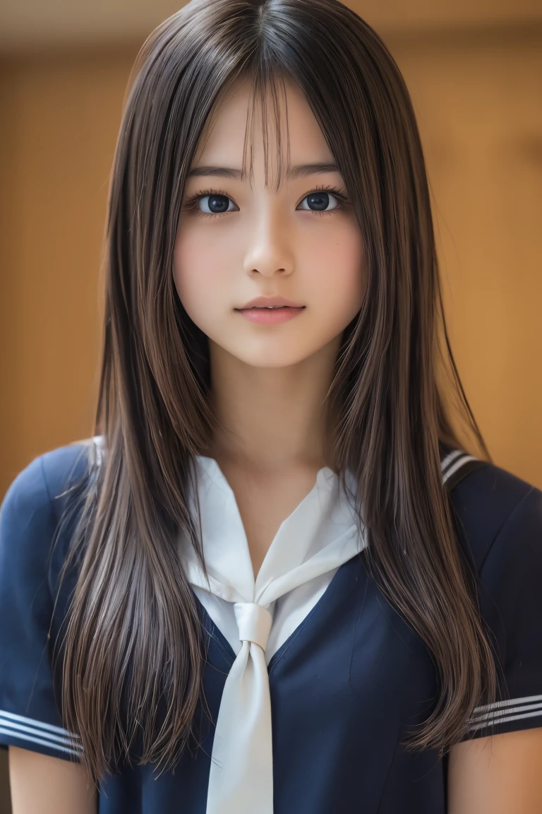 (8k,  RAW photo, best quality,  high definition :1.1), (Ultra-realistic:1.4),(Realistic, Realistic:1.3), Japanese Beauty、 school uniform、(( upper body:1.3)),(( Very young and cute girl with ))