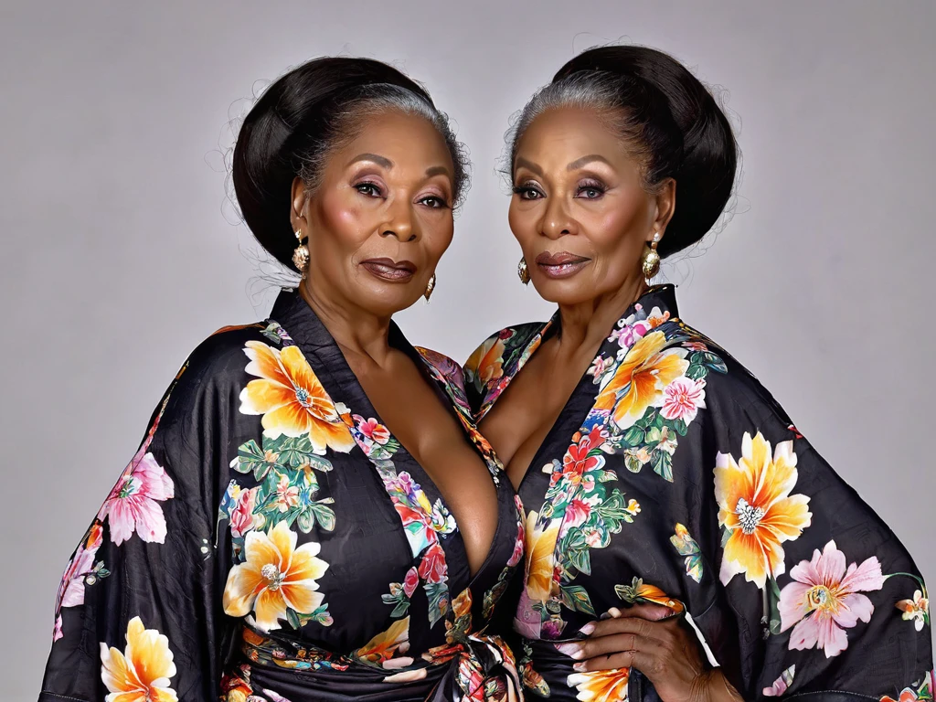 woman, two heads, two-heads, conjoined, (60yo), (old detailed wrinkled face and skin:1.3), (african ebony), brown long hair, extreme huge bust, massive gigantic huge overflowing shiny breasts, glamorous,wide hips, old realistic wrinkled face and skin, (puckering lips), wearing extreme tight extreme floral kimono, looking back, jeweilry, restaurant, natural light, extreme realistic, photography, 8k, nikon, uhd