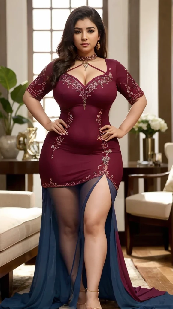 Chinese style, the neckline of the dress should not be too low lace elements and the cuff part lace elements dark pattern is a traditional moire, details such as pleats, embroidery, beads, fabric is silk, crepe, length knee-length or long dress, waist or neckline added bow or flower decoration dress,(NSFW),(Full Body),(cute face:1.5),(huge breasts:1.2),high-heels,big hips, medium thighs,Random Dresses,breasts slightly exposed,cleavage of the breast,lipgloss,Lace,