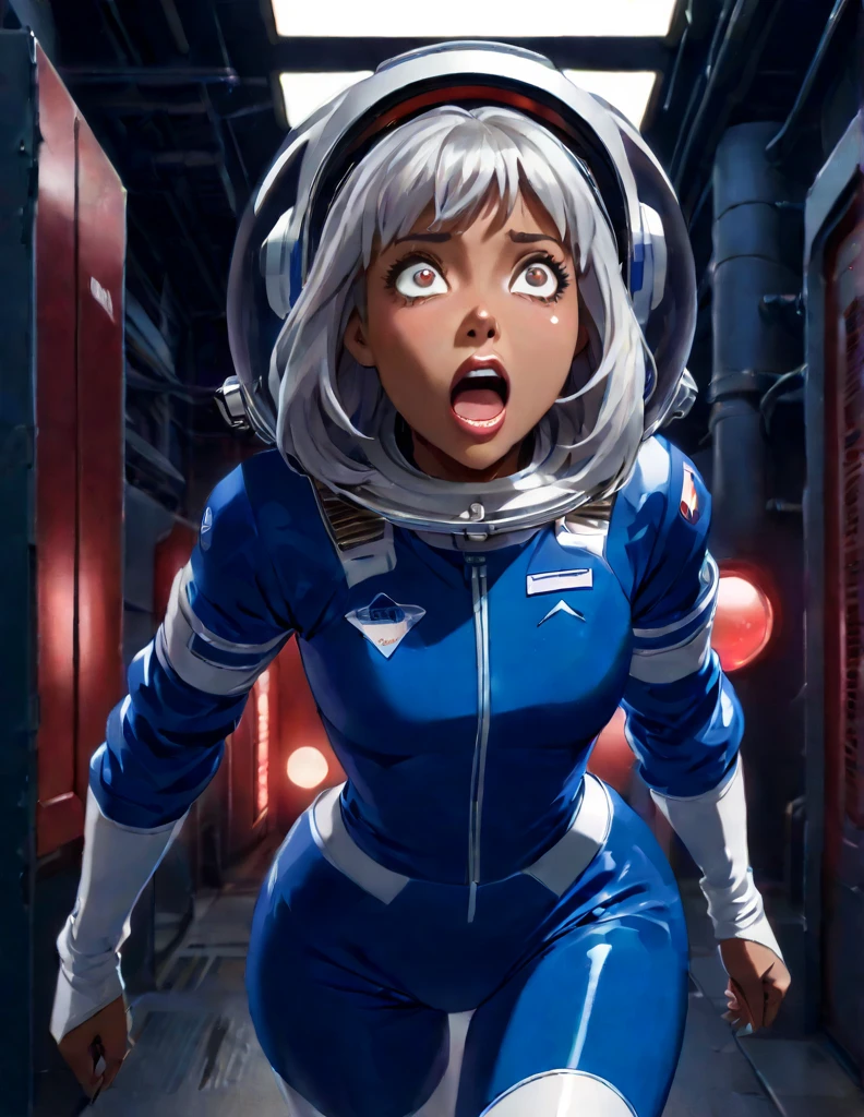 Tanned Woman with silver hair. She is wearing a skin-tight blue space suit with a retro clear dome Astronaut helmet. . She is running in a darkly lit sci-fi factory corridor with red lights. She looks frightened and has her mouth open.