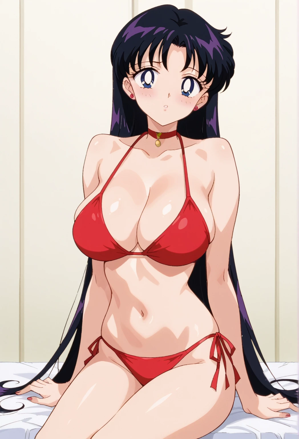 score_9, score_8_up, score_7_up,source_anime, anime coloring, anime screencap, best quality, masterpiece, full detailed, clear skin, high res, cinematic light, perfect face, beautiful woman, perfect body shape, score_6_up, score_5_up, BREAK 1girl, solo, cute face, aamars, slrmn, Hino Rei, long hair, black hair, red choker, (tsurime:1.5), blush, (large breast), bikini, navel, (cowboy shot:1.5, sitting), (beautiful breasts, beautiful skin),