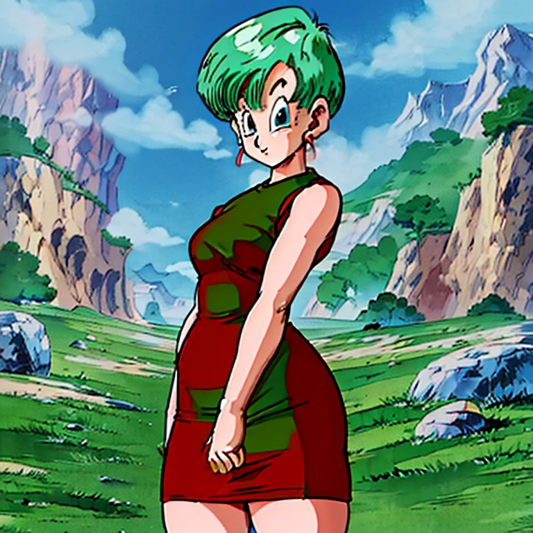 (( sleeveless red dress)),  style better quality, full body  ((green hair)). (( anime bulma dragon ball z)) (( sleeveless red dress)) mujer 30 years old, (( blue hair)), (( with curves)),)) ((  very short dress )) ((  strong legs )), (( very narrow waist)) tight dress,  tight clothing, Succubus in a tight short dress, sexy dress