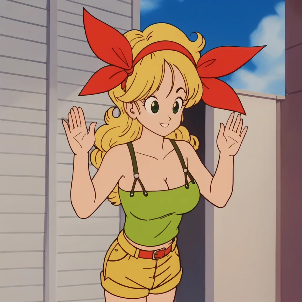 source_animated, score_9, score_8_above, score_7_above, animated screencap,  lyrics,  bad throw , 1 girl, Alone, blonde hair, breasts, Bermuda, standing above straight,  hands behind the back ,  looking at the spectator, looking above, smile,  green eyes, neckline, green crop top, long hair, sky, cloud,  curly hair, blue sky, Diafragma, day, big breasts, outdoors,  bare hands , Love, short Bermuda, red headband ,  bare shoulders, clavicle, yellow Bermuda, shirt, green stockings, eyelashes, playa,  raising arms, showing her armpits