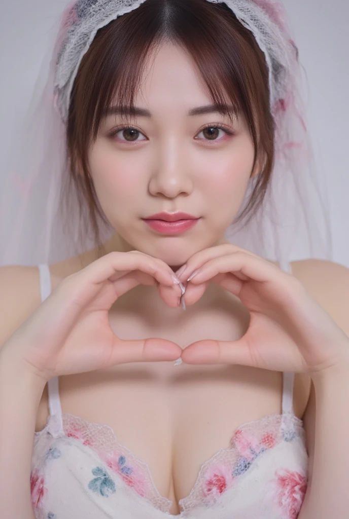 Only one woman with a cute smile wears cute, fluffy off-shoulder pajamas, makes a big heart shape with both hands, and poses them in front of her chest, View above collarbone、The background is a monotone 

